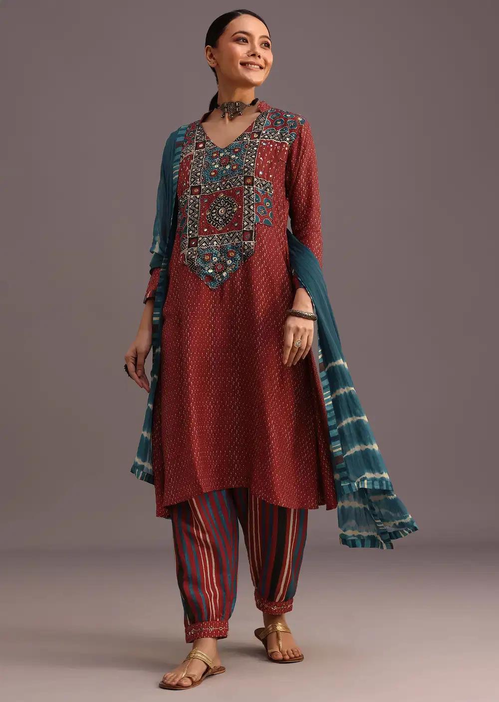Red Ajrakh Printed Kurta Ensemble With Leheriya Dupatta Outfit