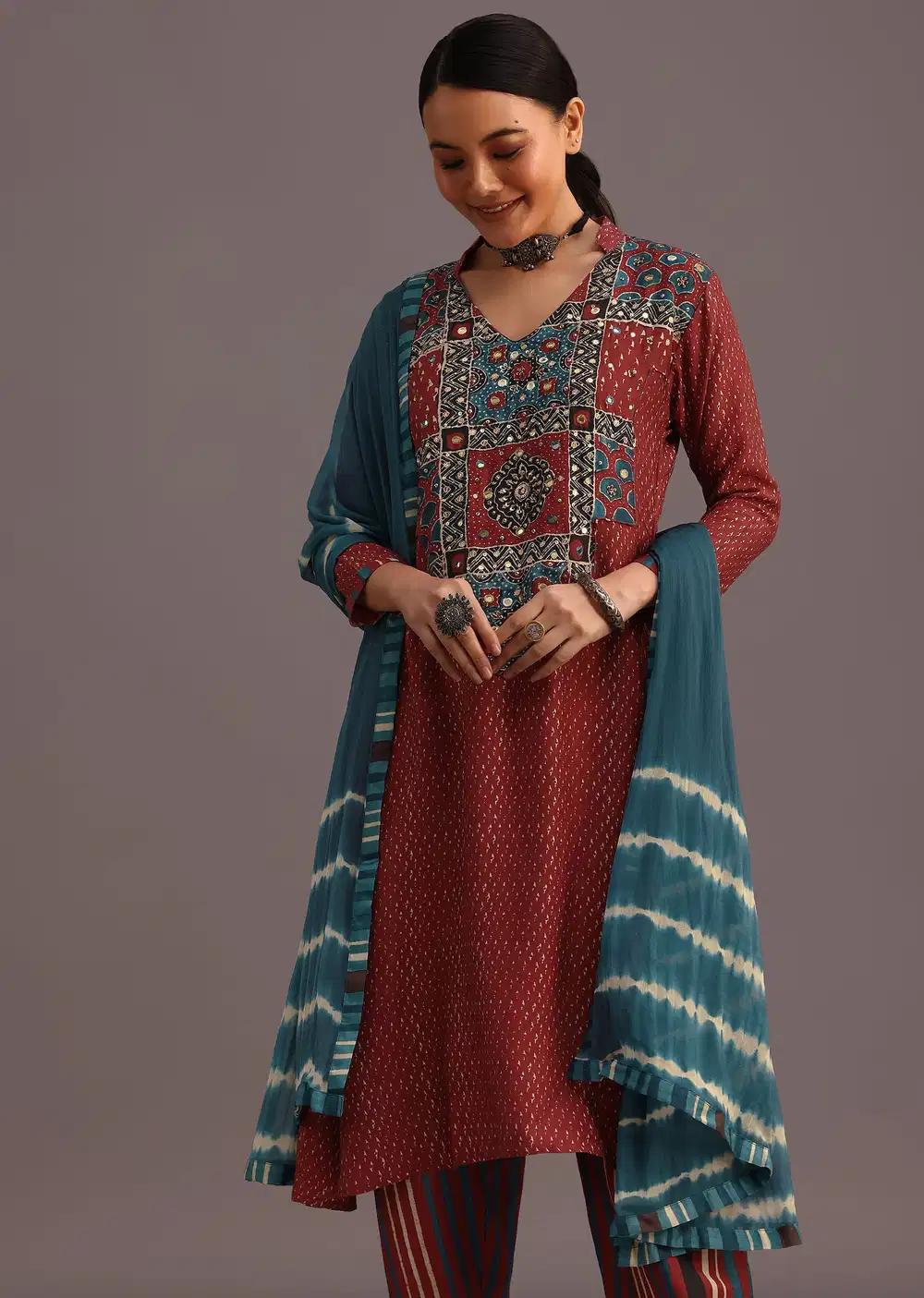 Red Ajrakh Printed Kurta Ensemble With Leheriya Dupatta Outfit