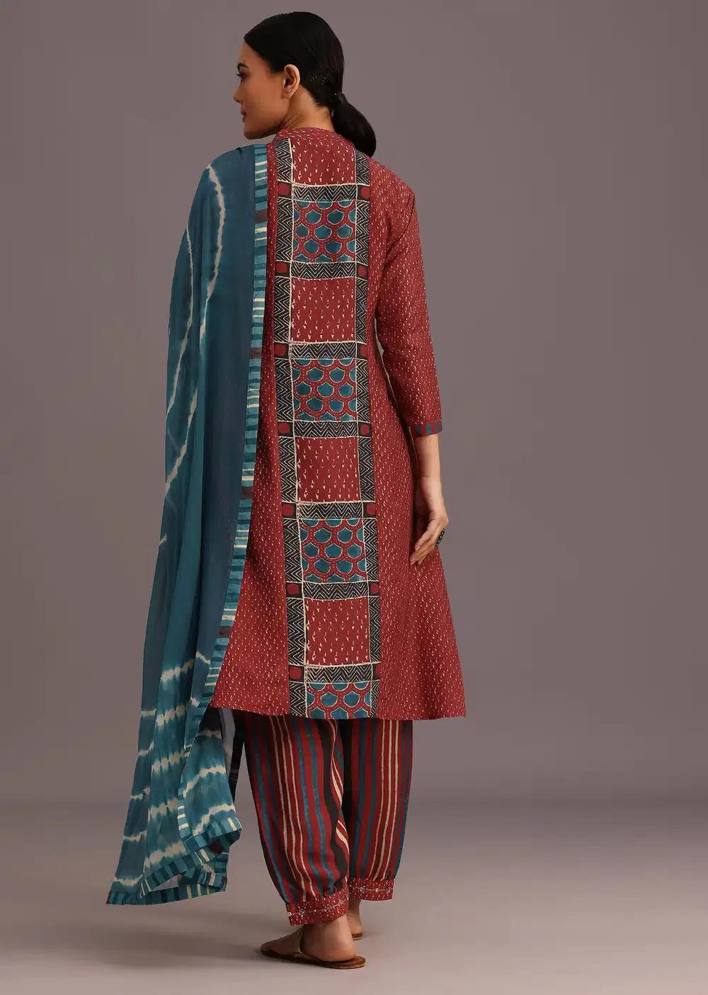 Red Ajrakh Printed Kurta Ensemble With Leheriya Dupatta Outfit