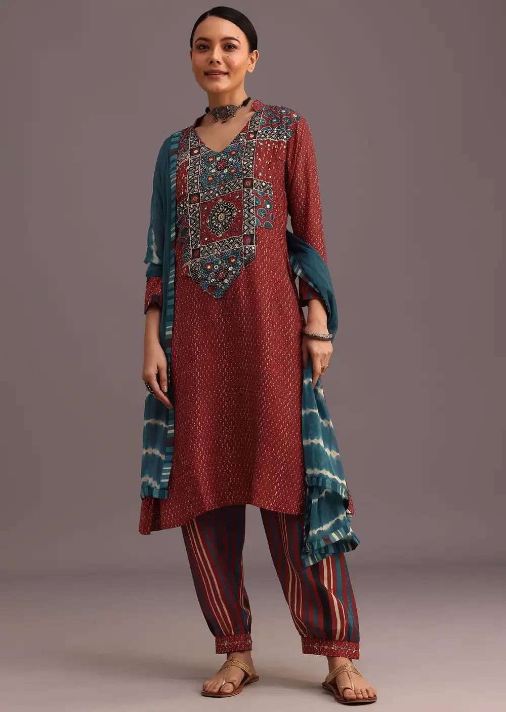Red Ajrakh Printed Kurta Ensemble With Leheriya Dupatta Outfit