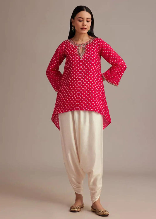 Red Bandhani High Low Kurta Ensemble With Dhoti Outfit