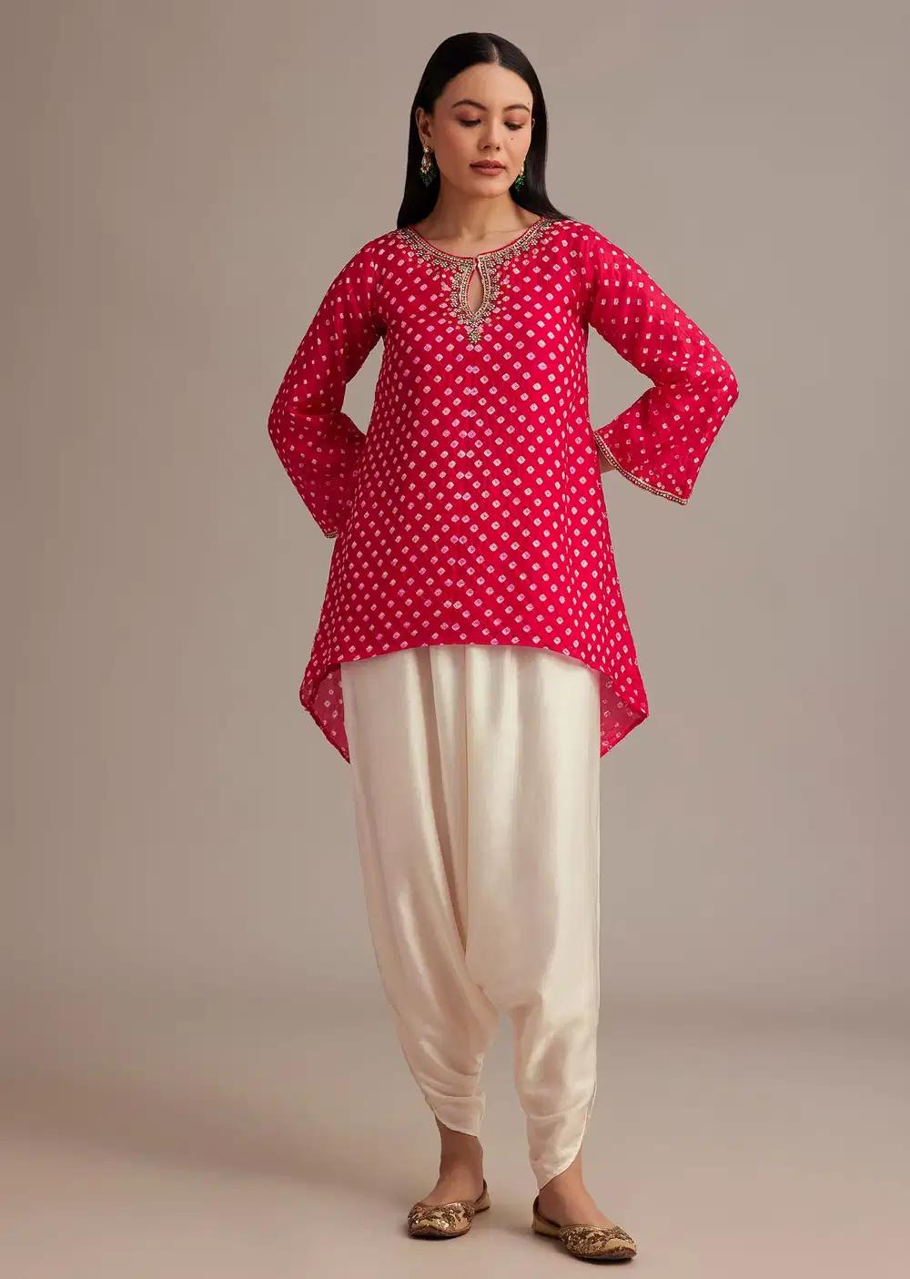Red Bandhani High Low Kurta Ensemble With Dhoti Outfit