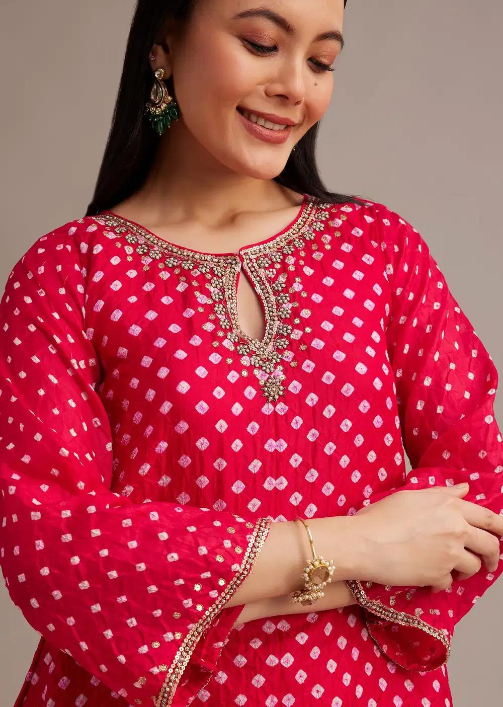 Red Bandhani High Low Kurta Ensemble With Dhoti Outfit