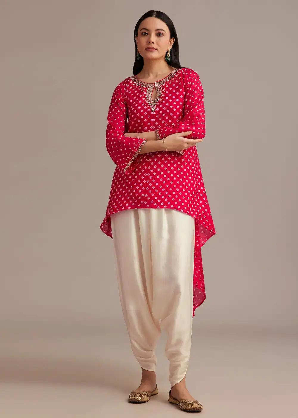 Red Bandhani High Low Kurta Ensemble With Dhoti Outfit