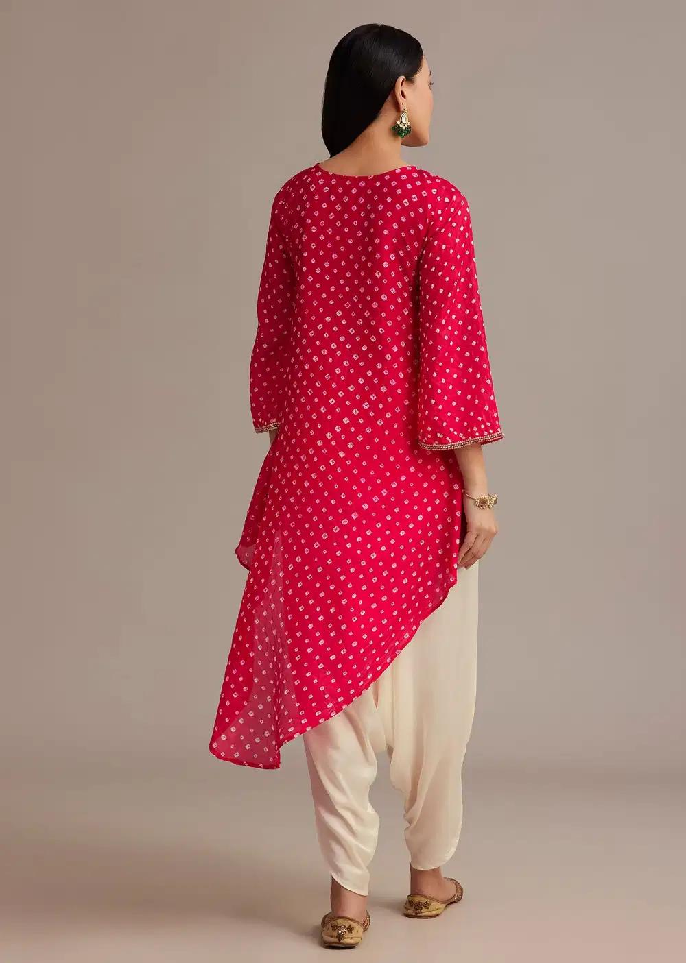 Red Bandhani High Low Kurta Ensemble With Dhoti Outfit