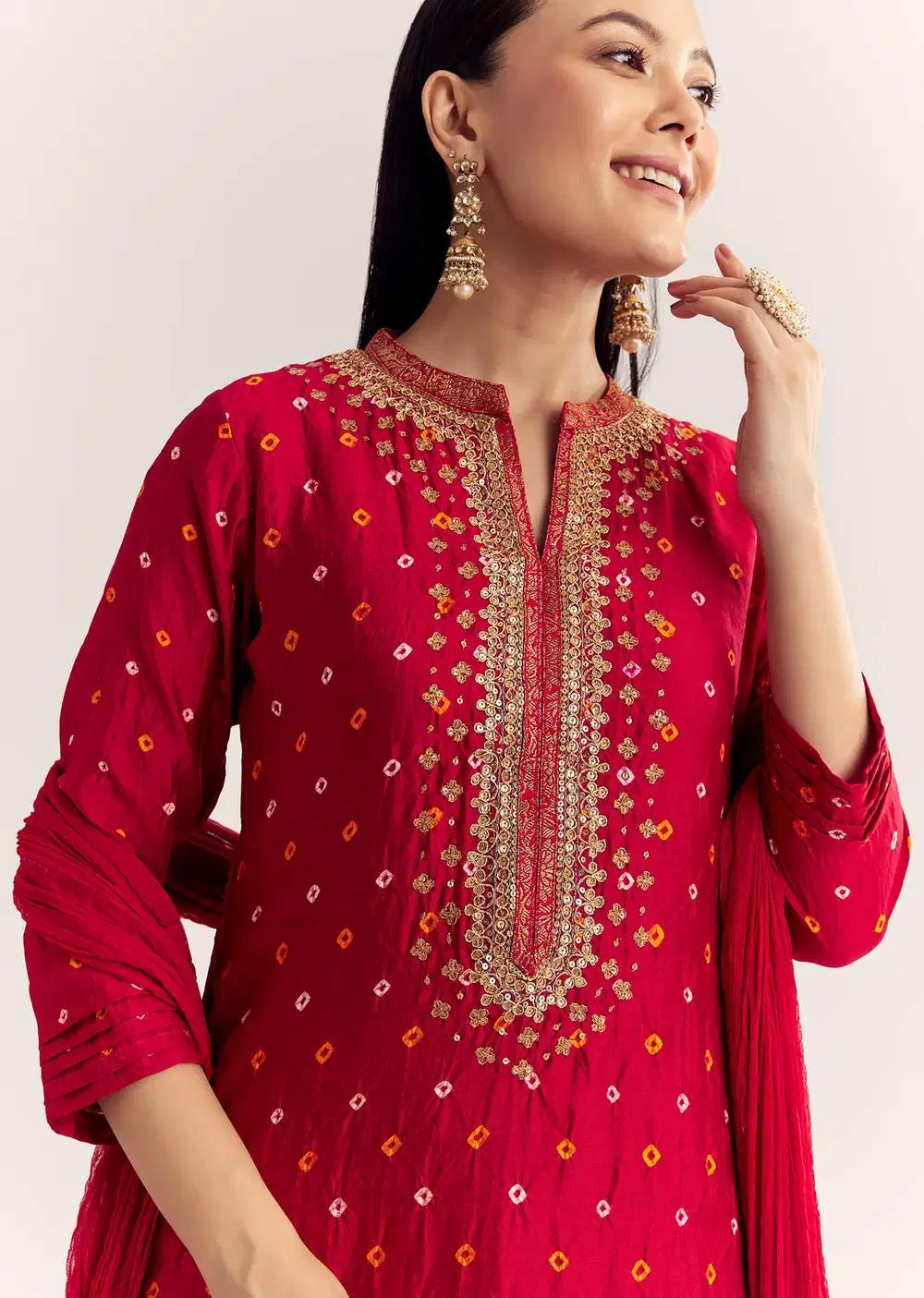 Red Bandhani Layered Silk Kurta Ensemble With Dupatta Outfit