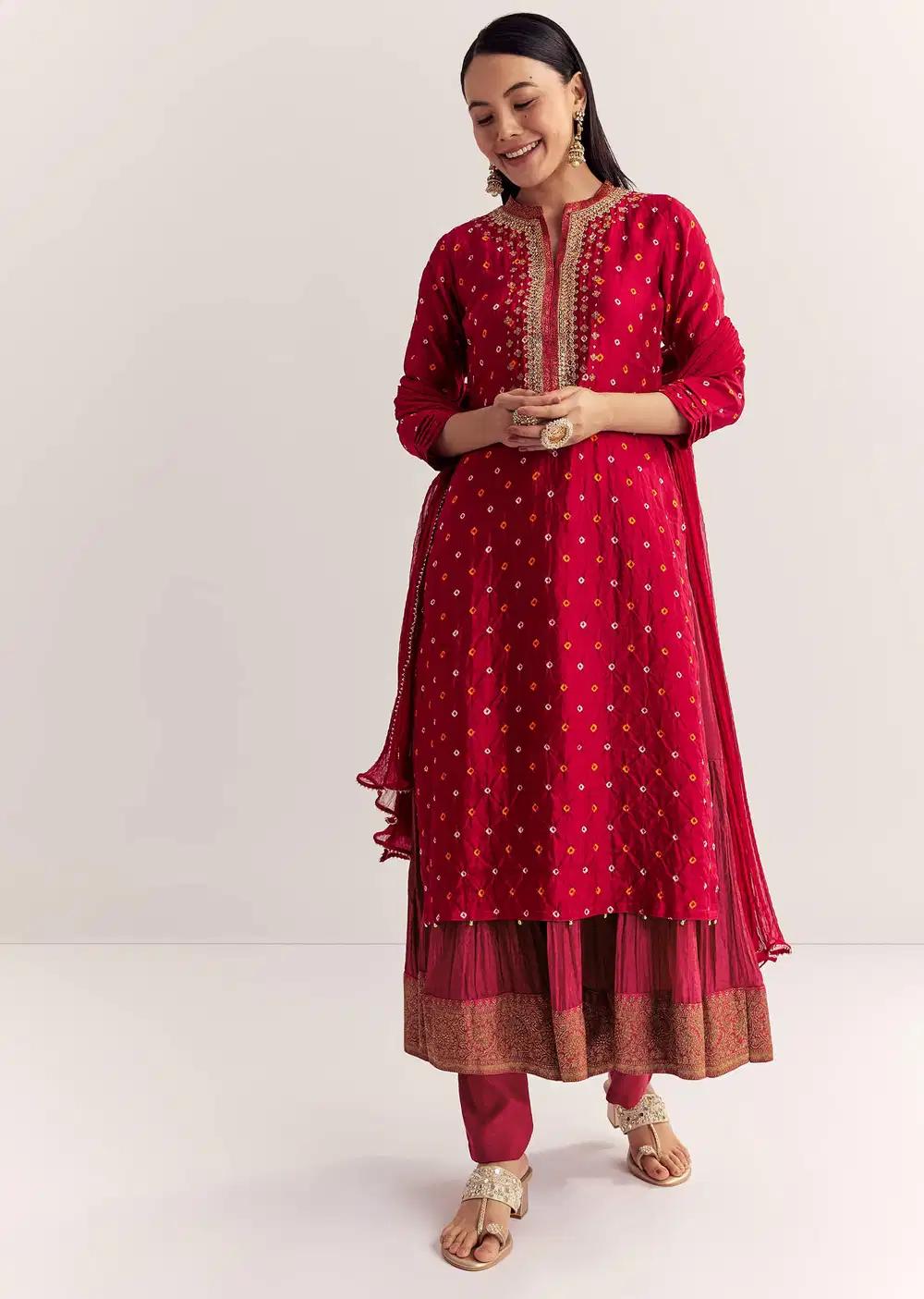 Red Bandhani Layered Silk Kurta Ensemble With Dupatta Outfit