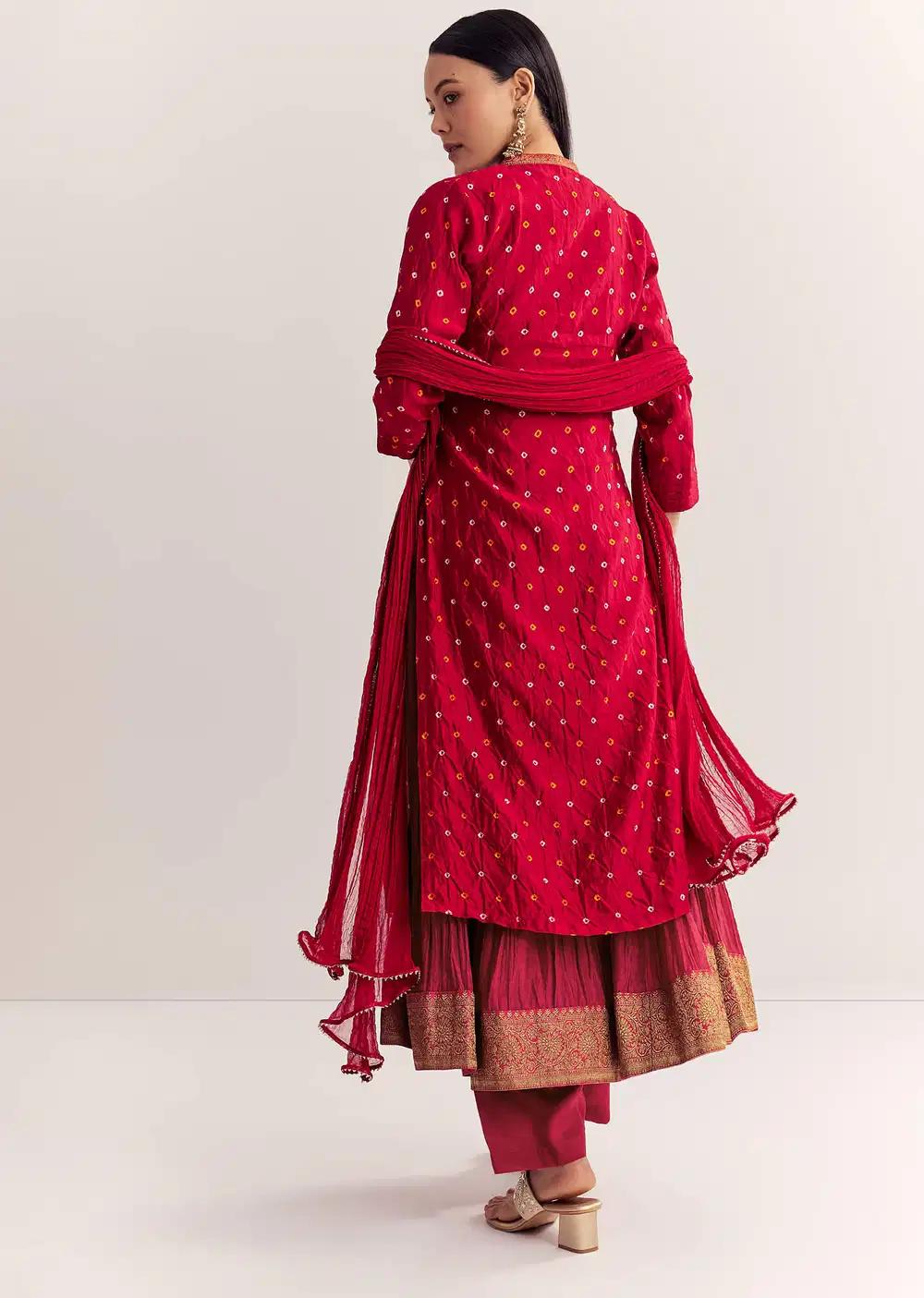 Red Bandhani Layered Silk Kurta Ensemble With Dupatta Outfit