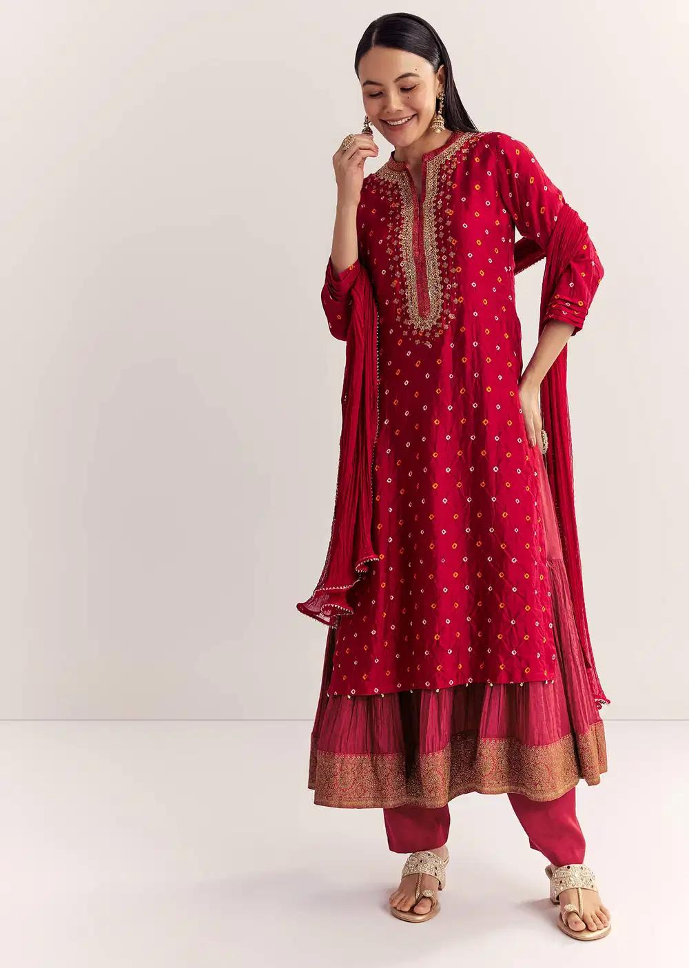 Red Bandhani Layered Silk Kurta Ensemble With Dupatta Outfit