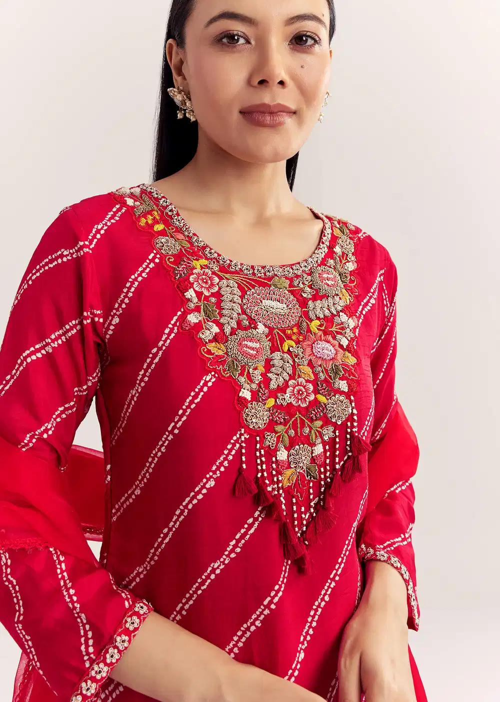 Red Dola Silk Printed Kurta Ensemble With Embroidered Neckline Outfit
