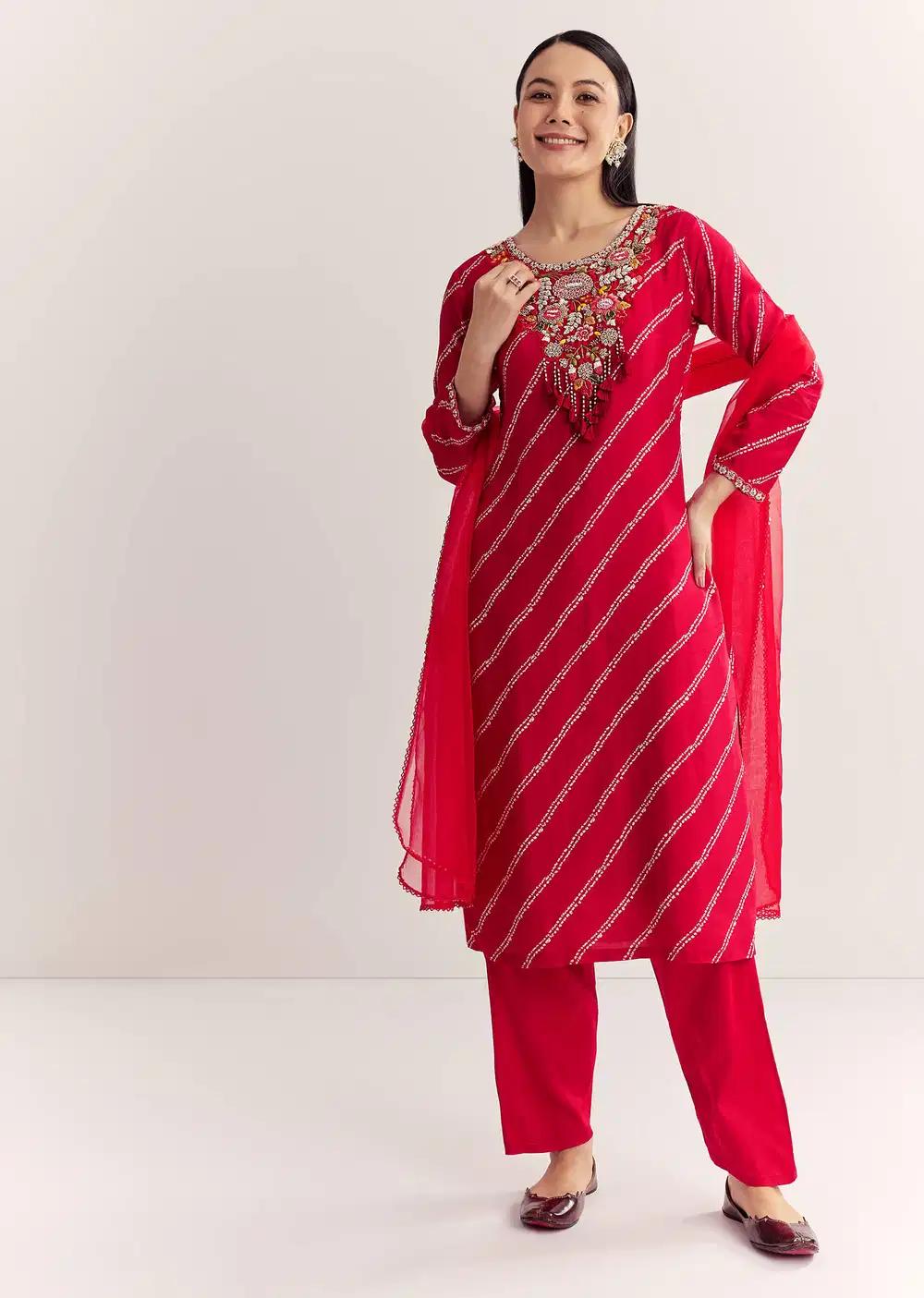 Red Dola Silk Printed Kurta Ensemble With Embroidered Neckline Outfit