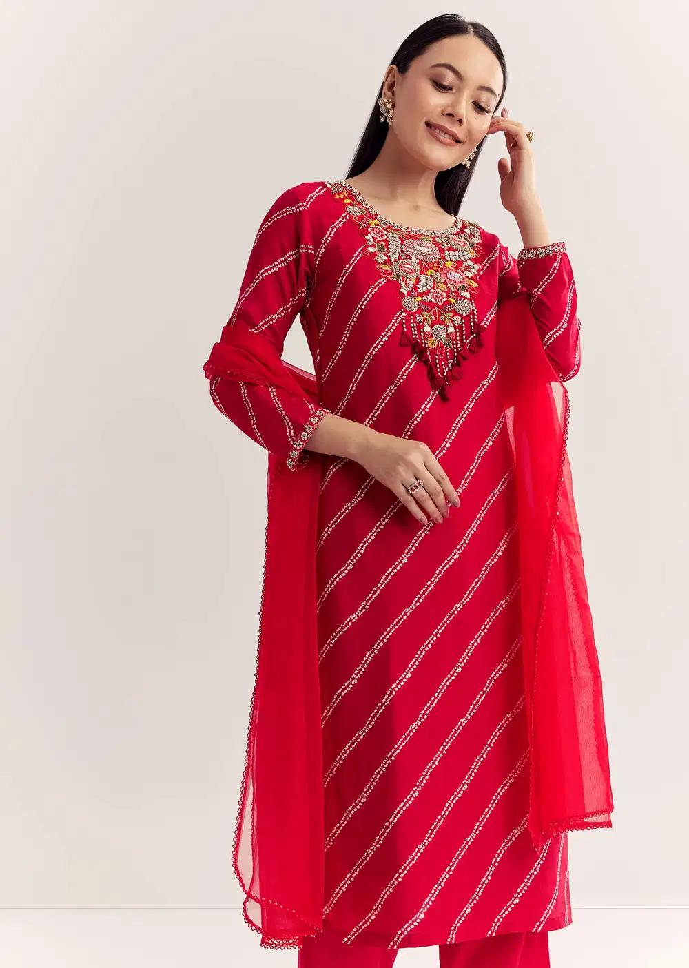 Red Dola Silk Printed Kurta Ensemble With Embroidered Neckline Outfit