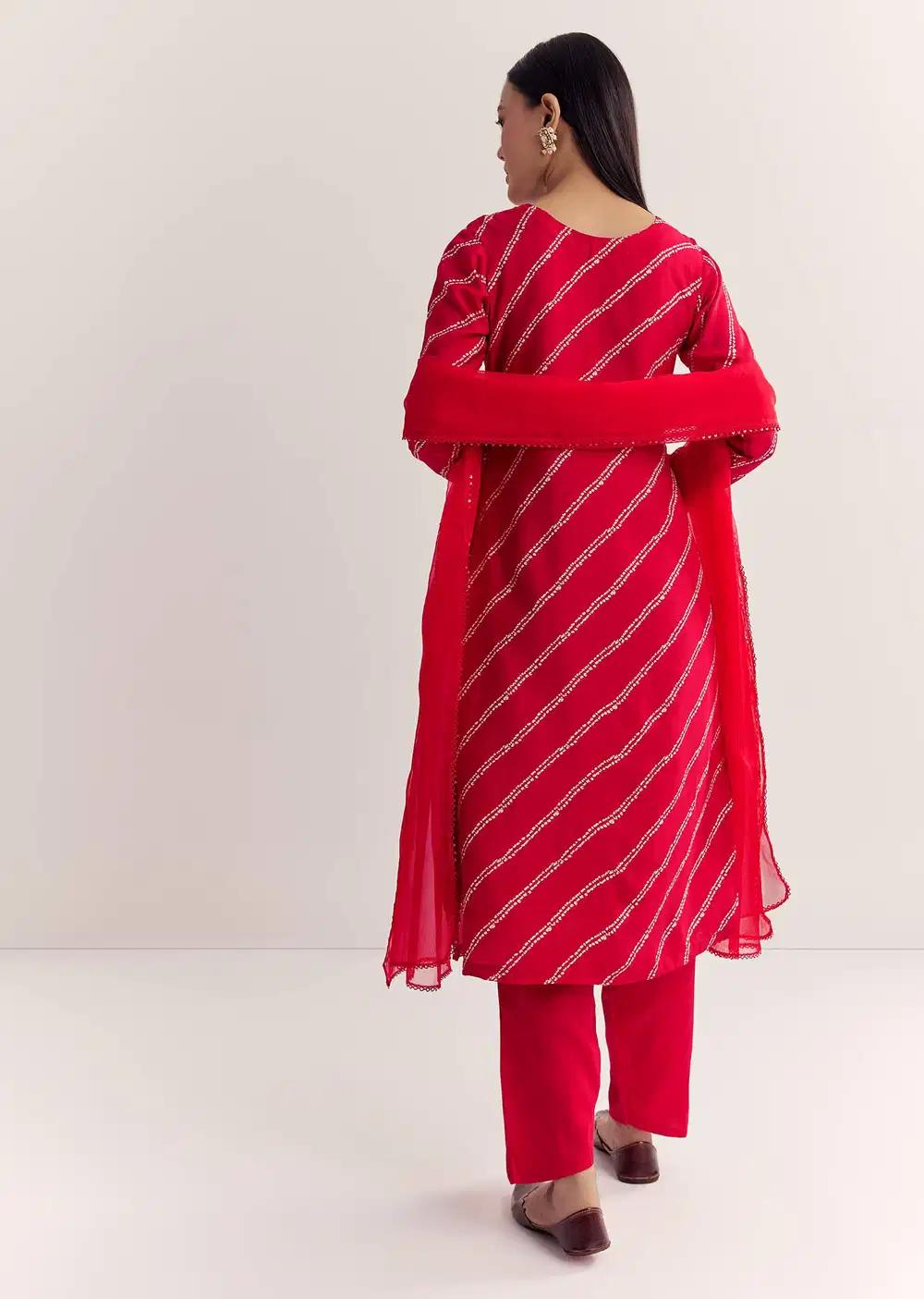 Red Dola Silk Printed Kurta Ensemble With Embroidered Neckline Outfit