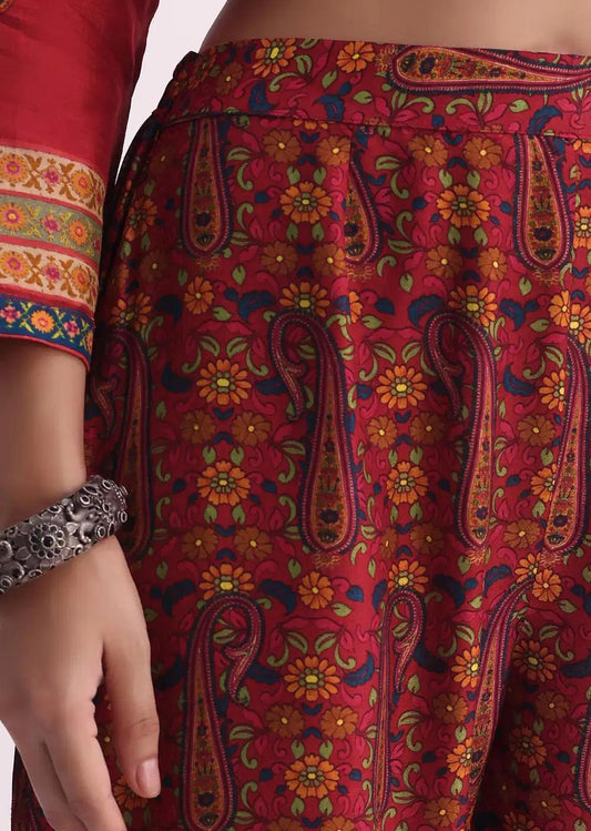 Red Sequin Embroidered Kurta With Printed Pant Ensemble Outfit