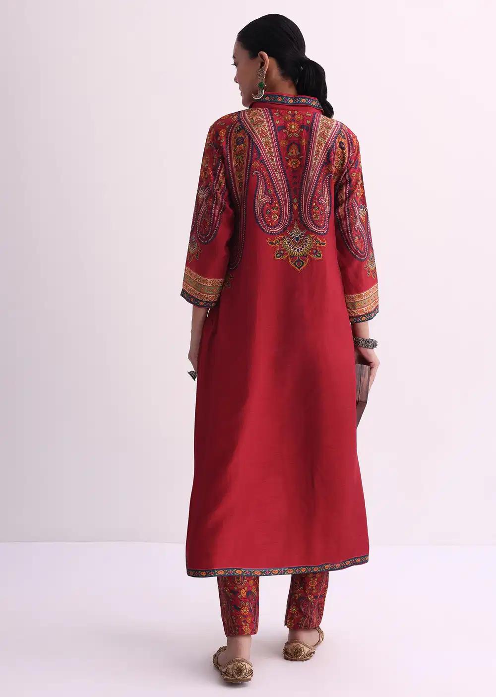 Red Sequin Embroidered Kurta With Printed Pant Ensemble Outfit