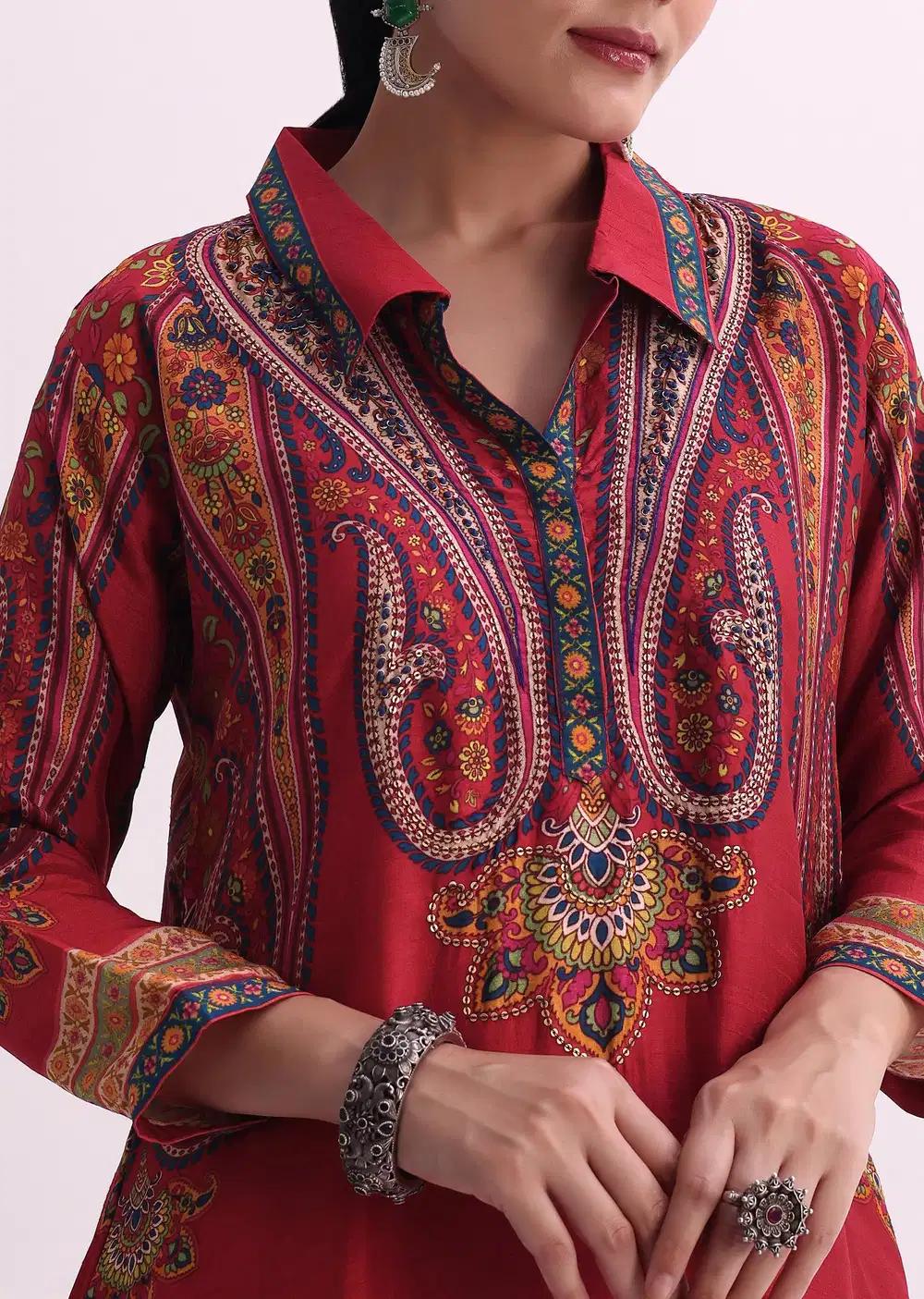 Red Sequin Embroidered Kurta With Printed Pant Ensemble Outfit