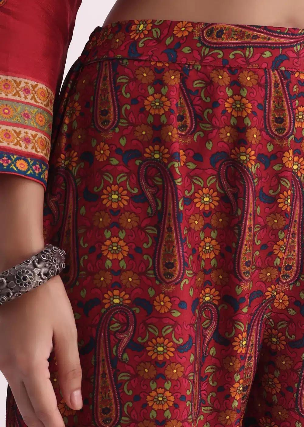Red Sequin Embroidered Kurta With Printed Pant Ensemble Outfit