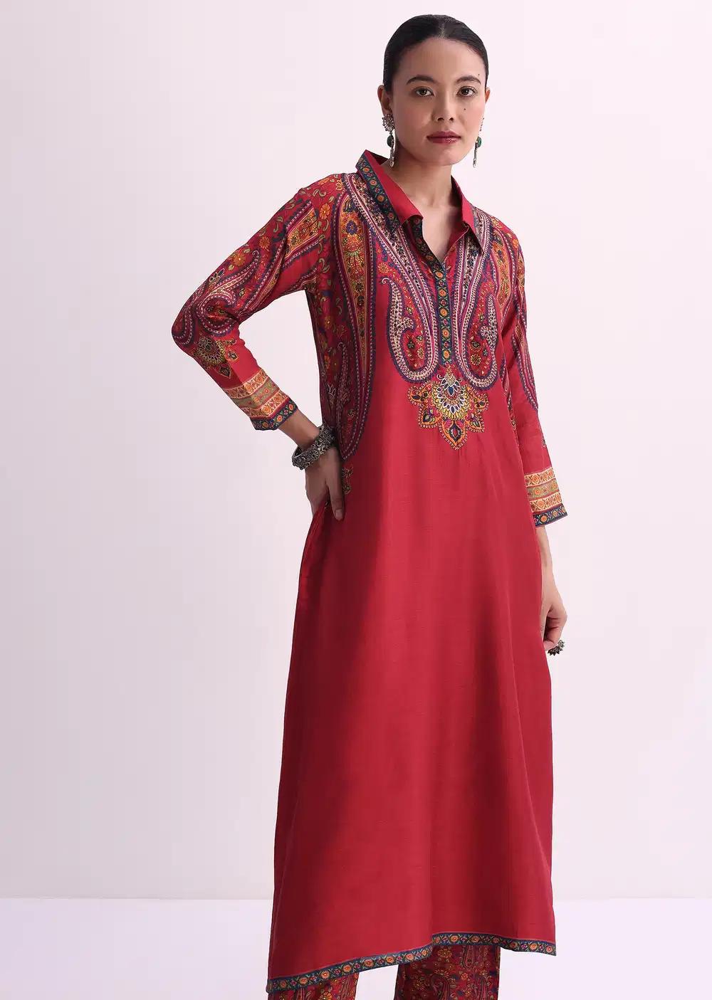 Red Sequin Embroidered Kurta With Printed Pant Ensemble Outfit