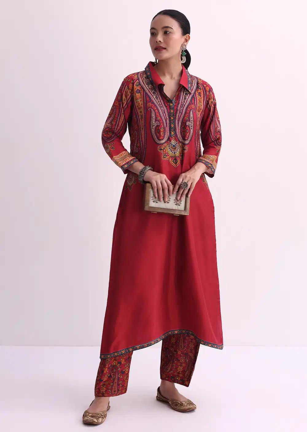 Red Sequin Embroidered Kurta With Printed Pant Ensemble Outfit