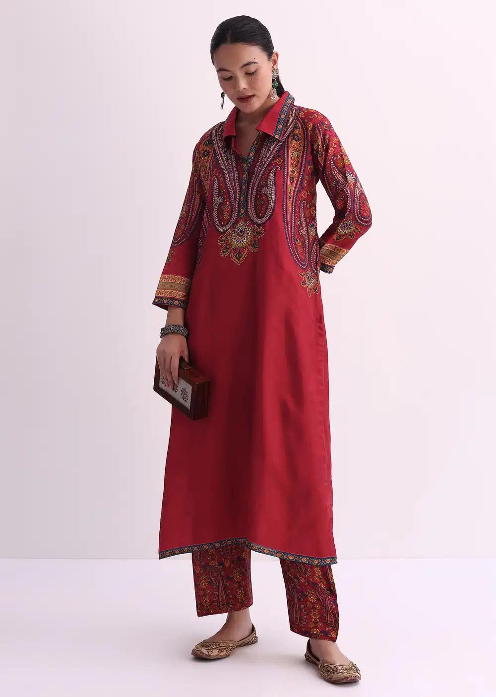 Red Sequin Embroidered Kurta With Printed Pant Ensemble Outfit