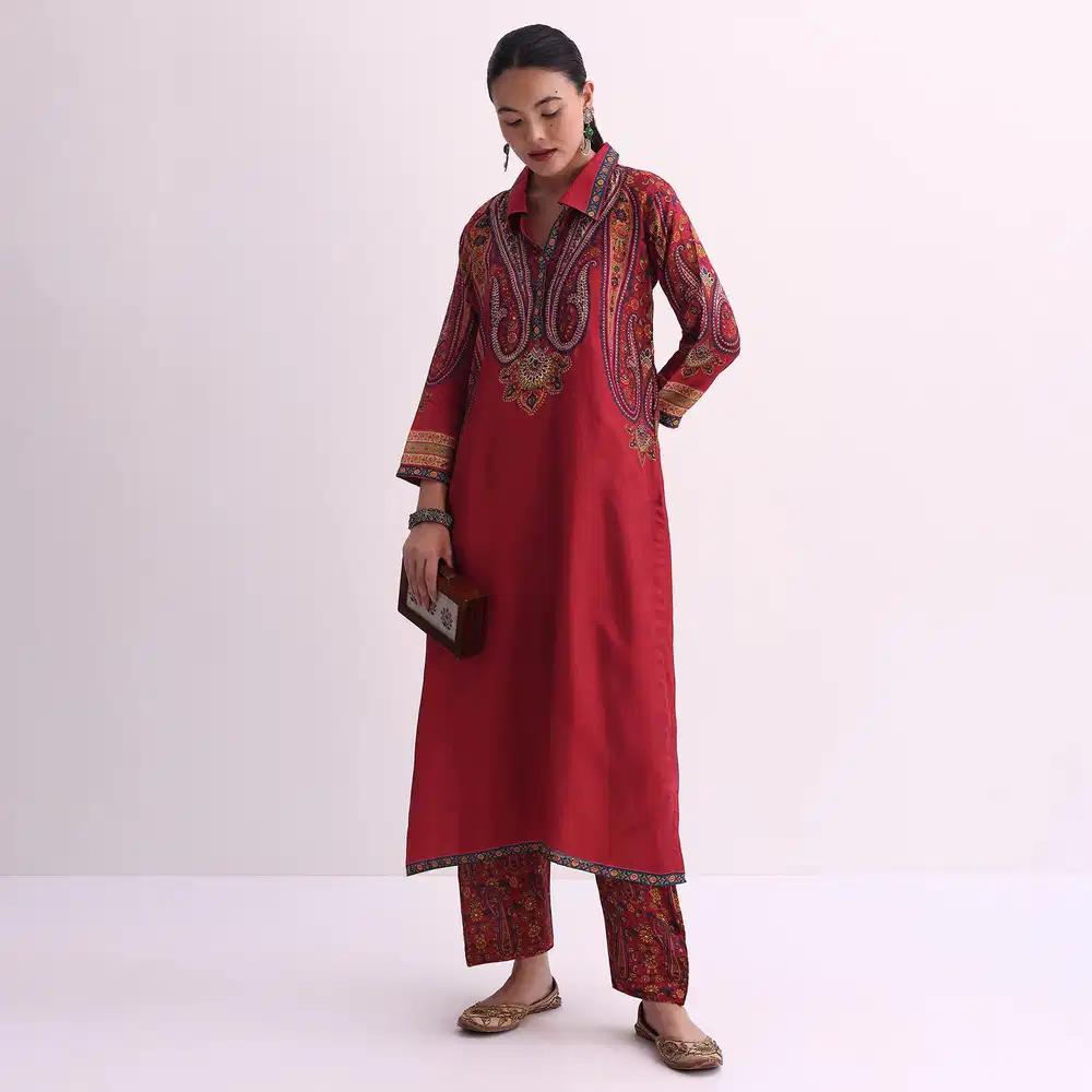 Red Sequin Embroidered Kurta With Printed Pant Ensemble Outfit