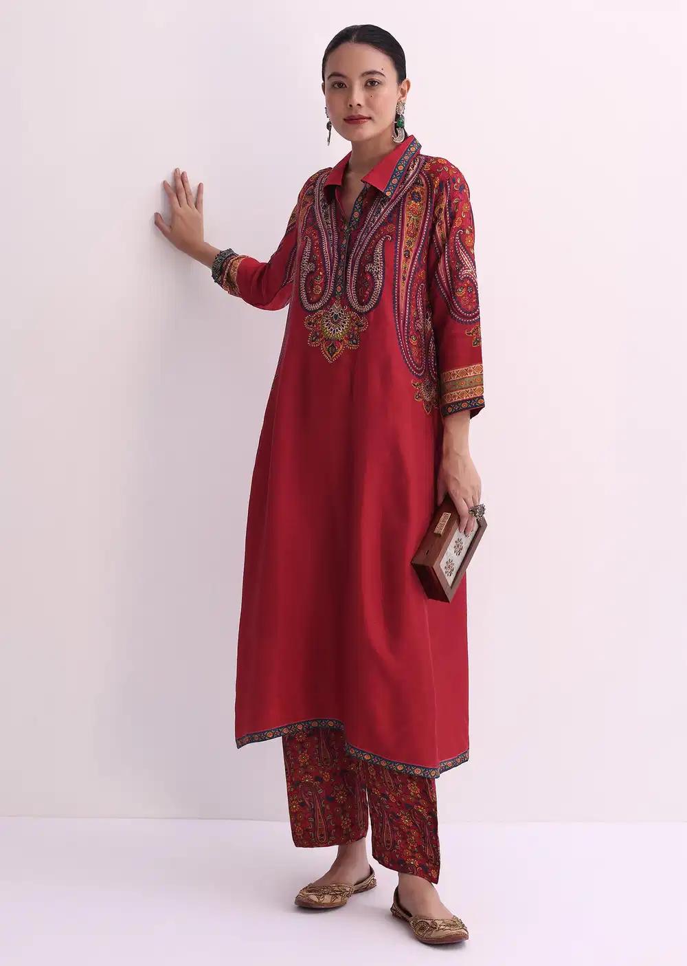 Red Sequin Embroidered Kurta With Printed Pant Ensemble Outfit
