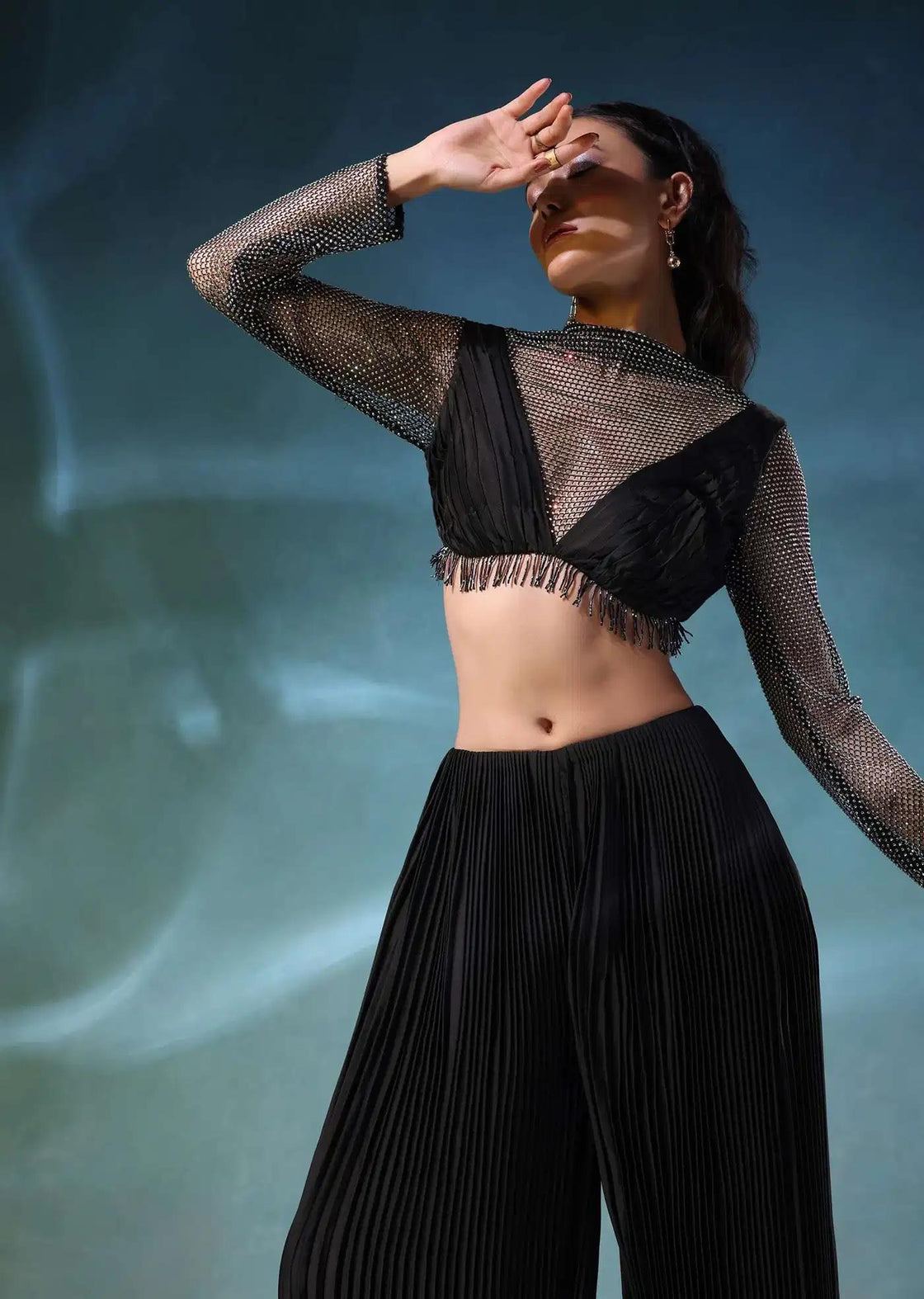 Satin Mesh Palazzo Set In Black With Styled Blouse