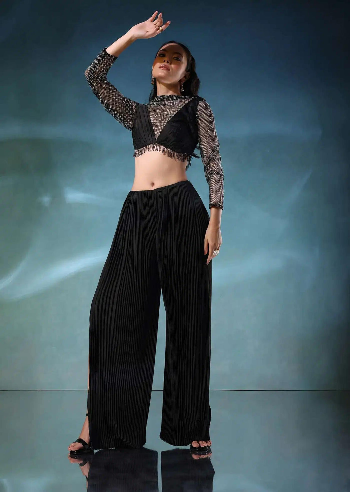 Satin Mesh Palazzo Set In Black With Styled Blouse