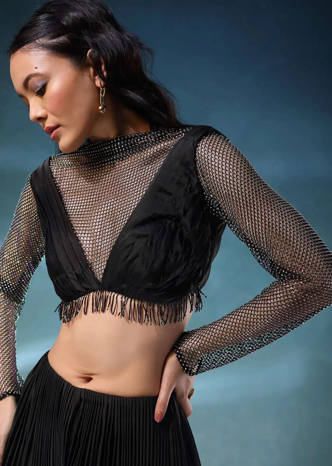 Satin Mesh Palazzo Set In Black With Styled Blouse