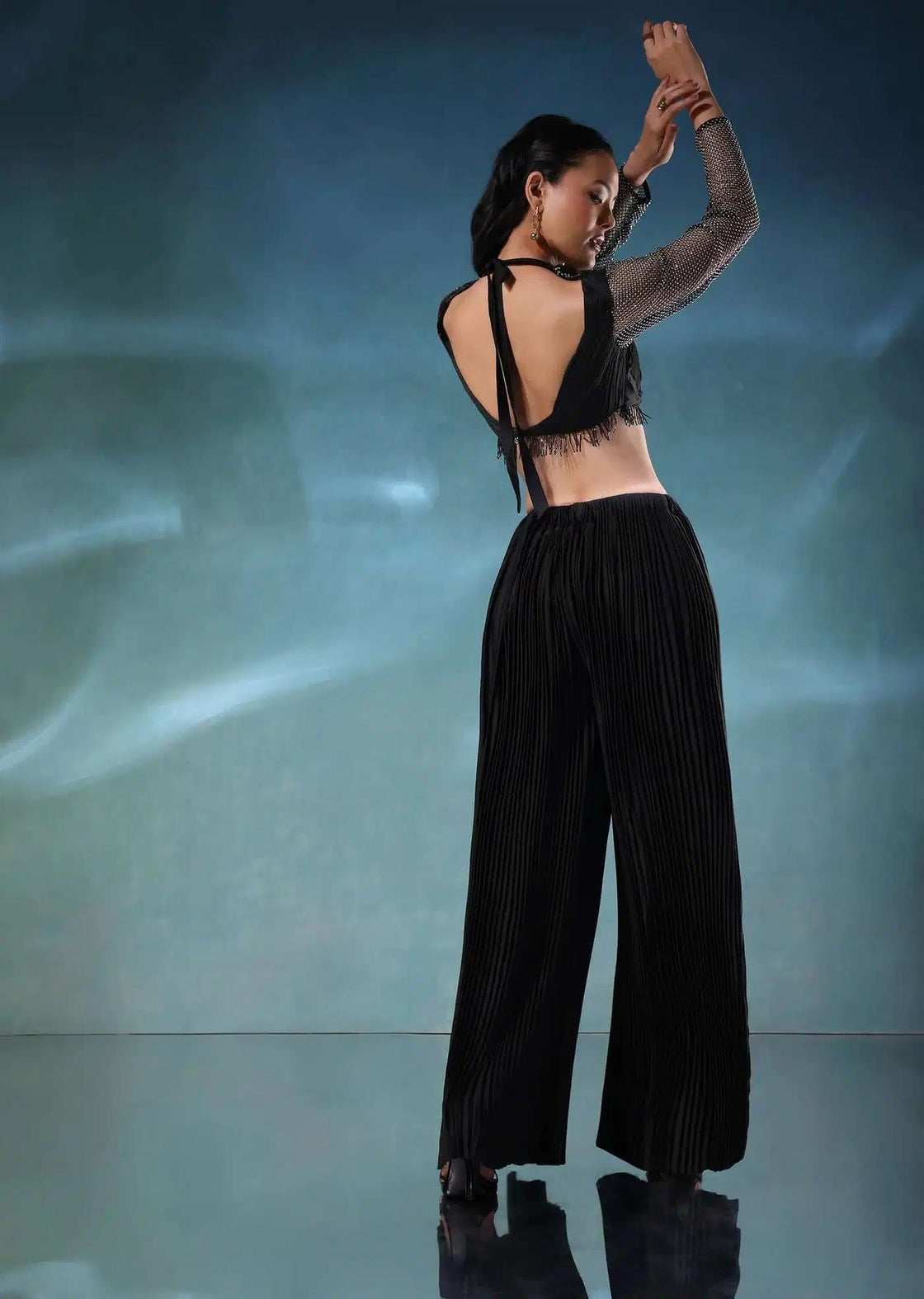 Satin Mesh Palazzo Set In Black With Styled Blouse