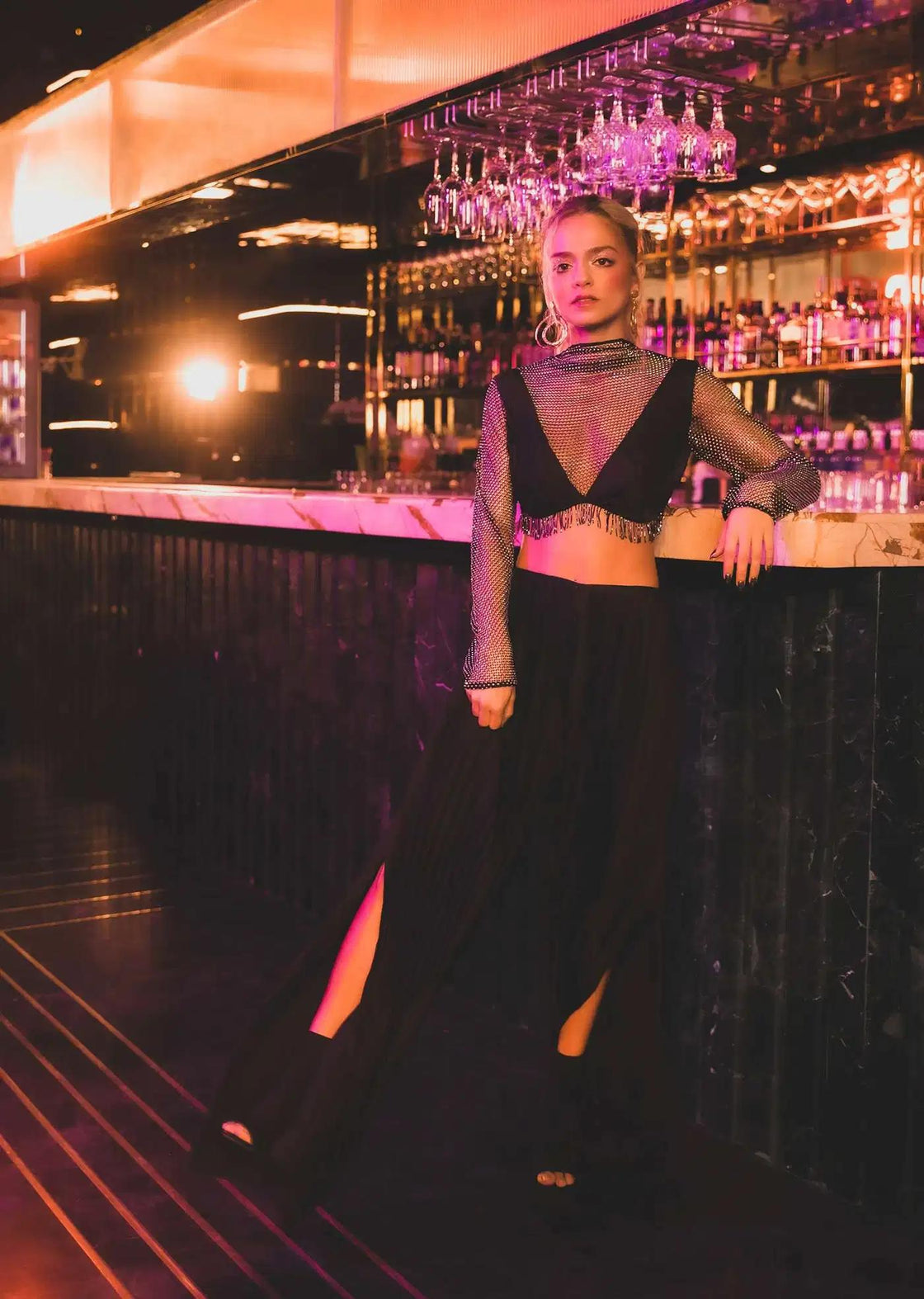 Satin Mesh Palazzo Set In Black With Styled Blouse