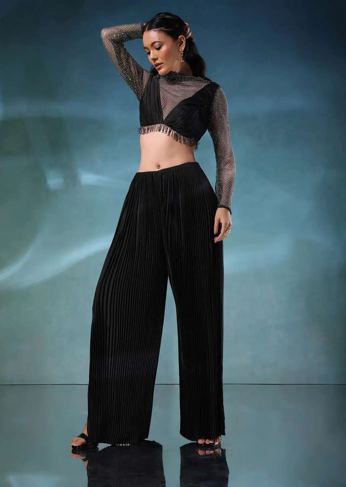 Satin Mesh Palazzo Set In Black With Styled Blouse