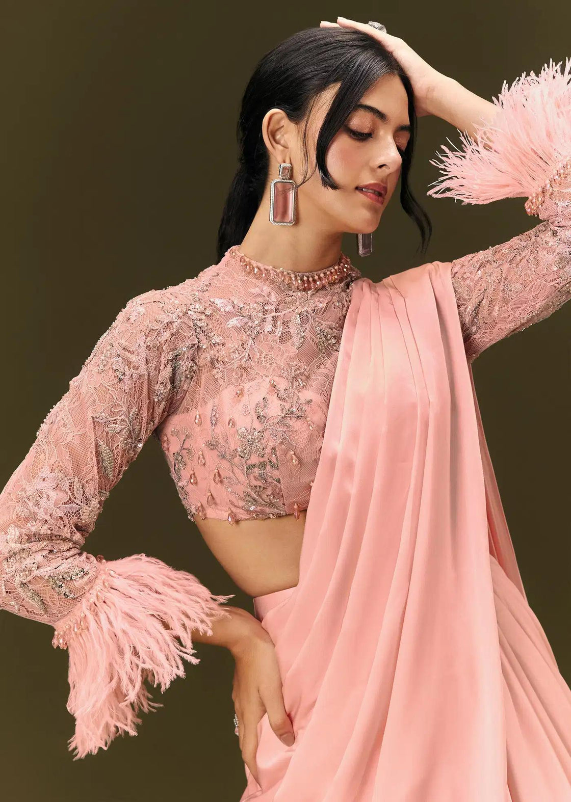 Satin Ready To Wear Baby Pink Saree With Full Sleeve Blouse