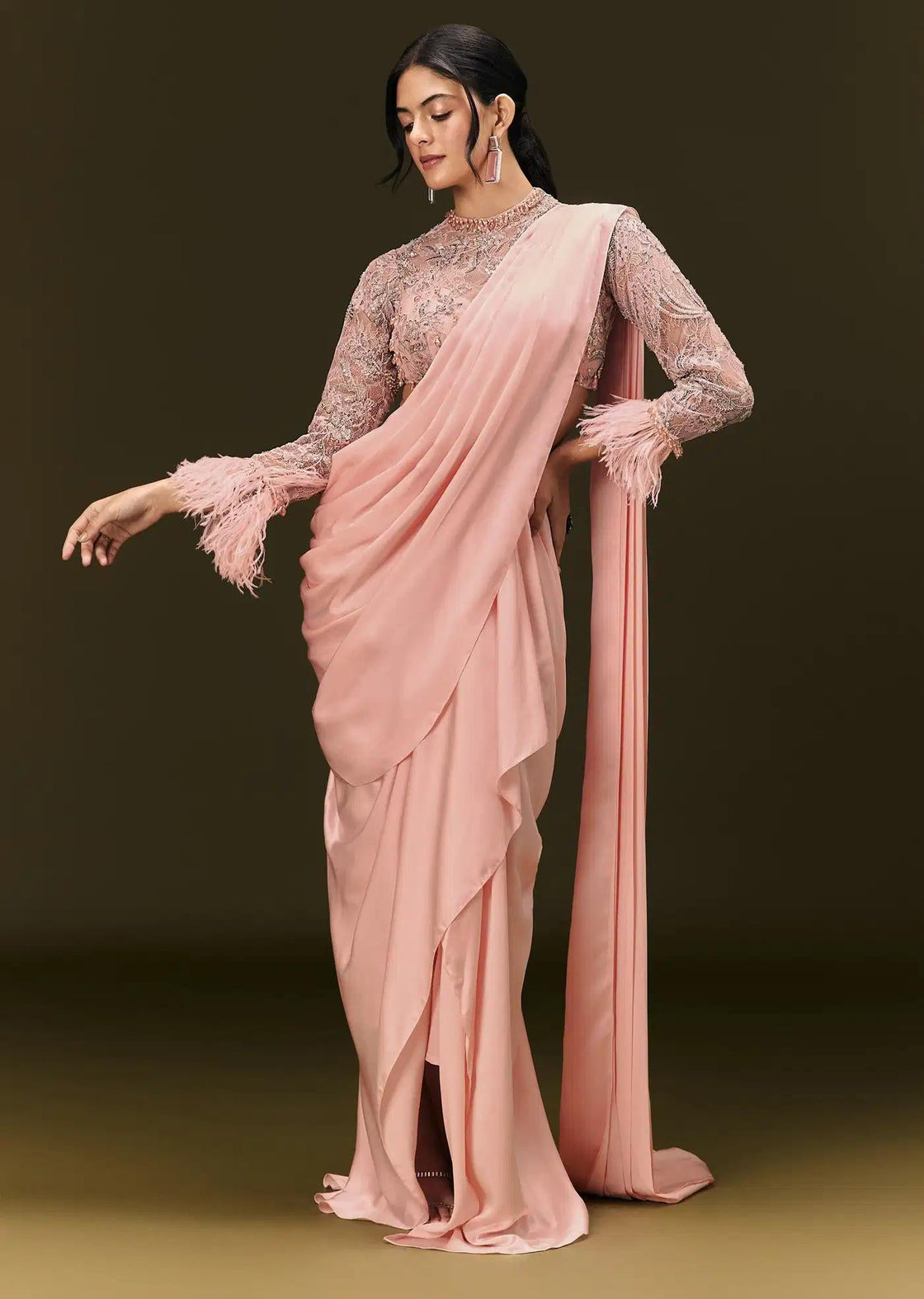 Satin Ready To Wear Baby Pink Saree With Full Sleeve Blouse