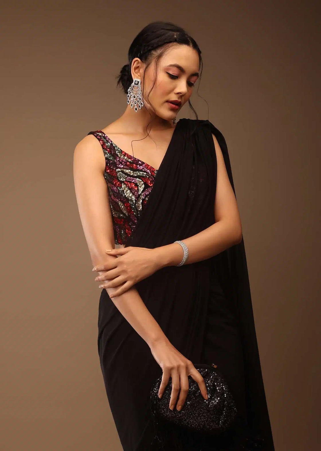 Sequin Crop Top With Black Saree Featuring Tassel Dori Back