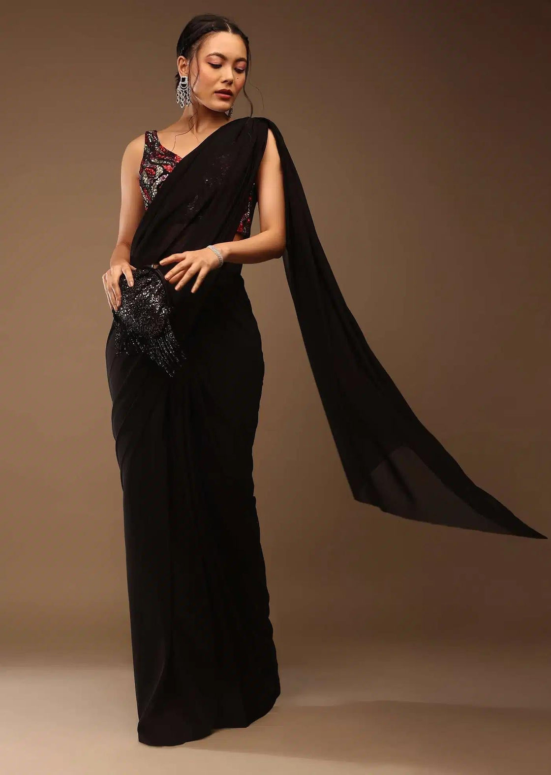 Sequin Crop Top With Black Saree Featuring Tassel Dori Back