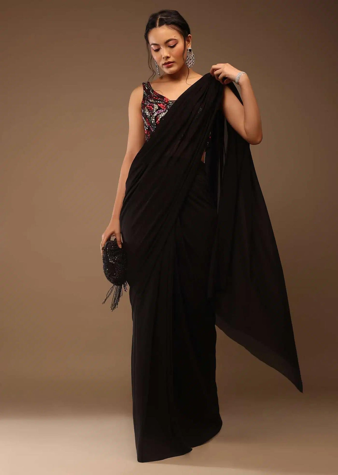 Sequin Crop Top With Black Saree Featuring Tassel Dori Back