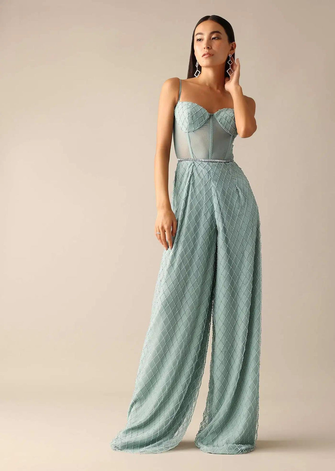Sequin Embellished Corset Jumpsuit In Blue Tone