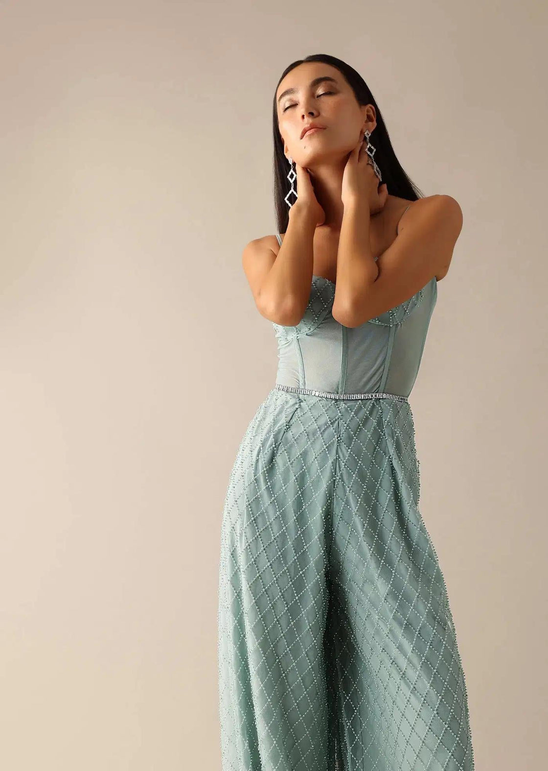 Sequin Embellished Corset Jumpsuit In Blue Tone