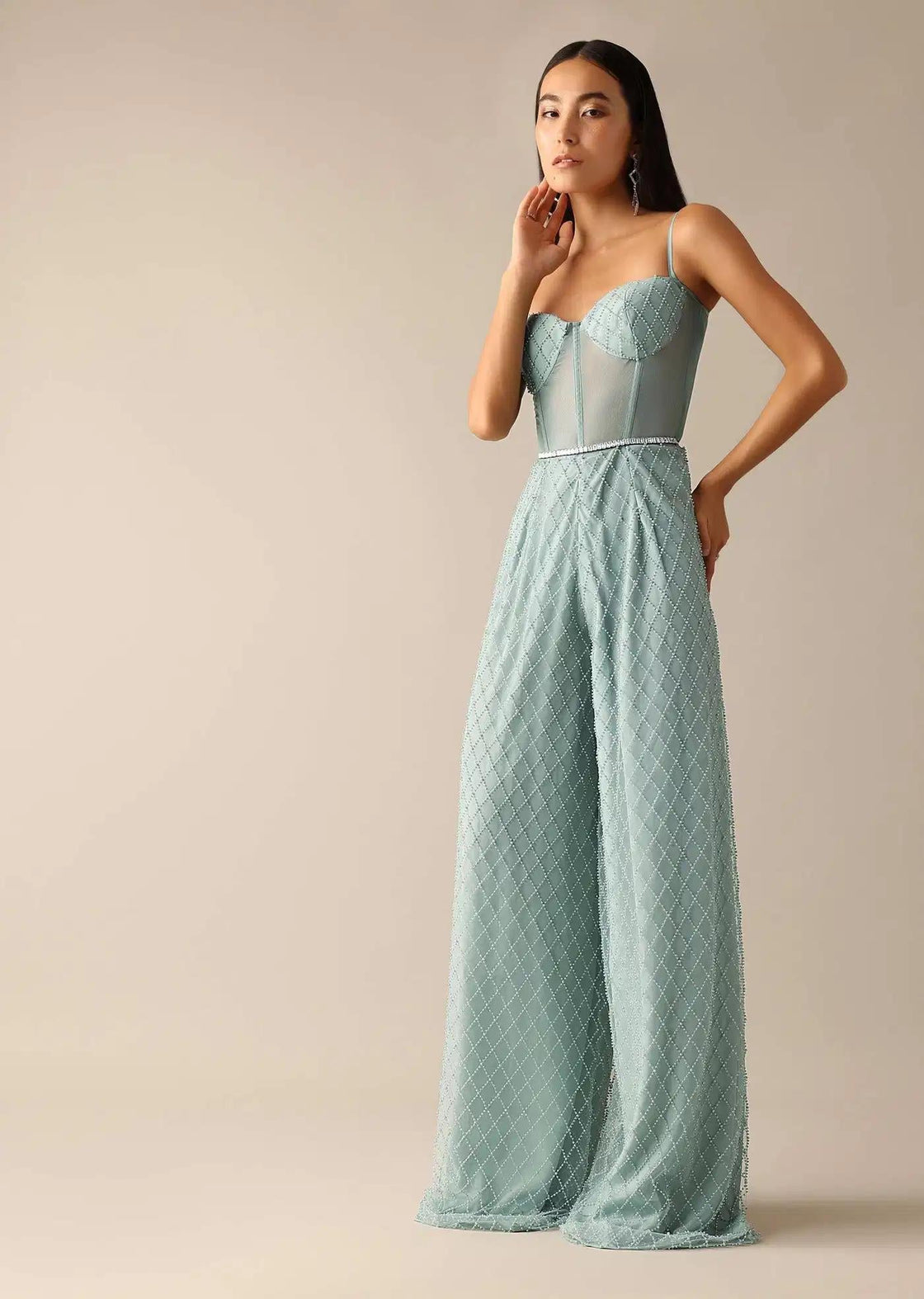 Sequin Embellished Corset Jumpsuit In Blue Tone
