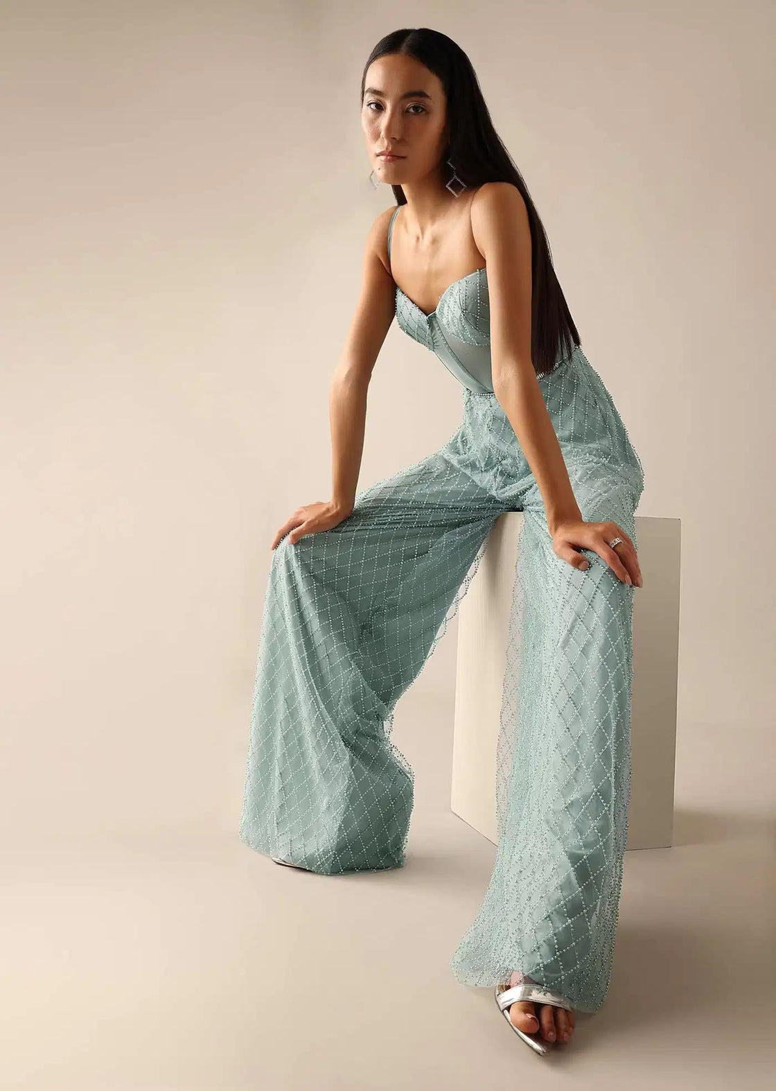 Sequin Embellished Corset Jumpsuit In Blue Tone