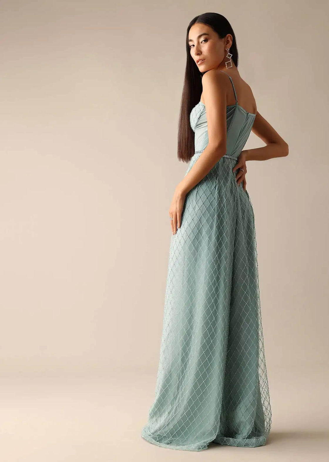Sequin Embellished Corset Jumpsuit In Blue Tone