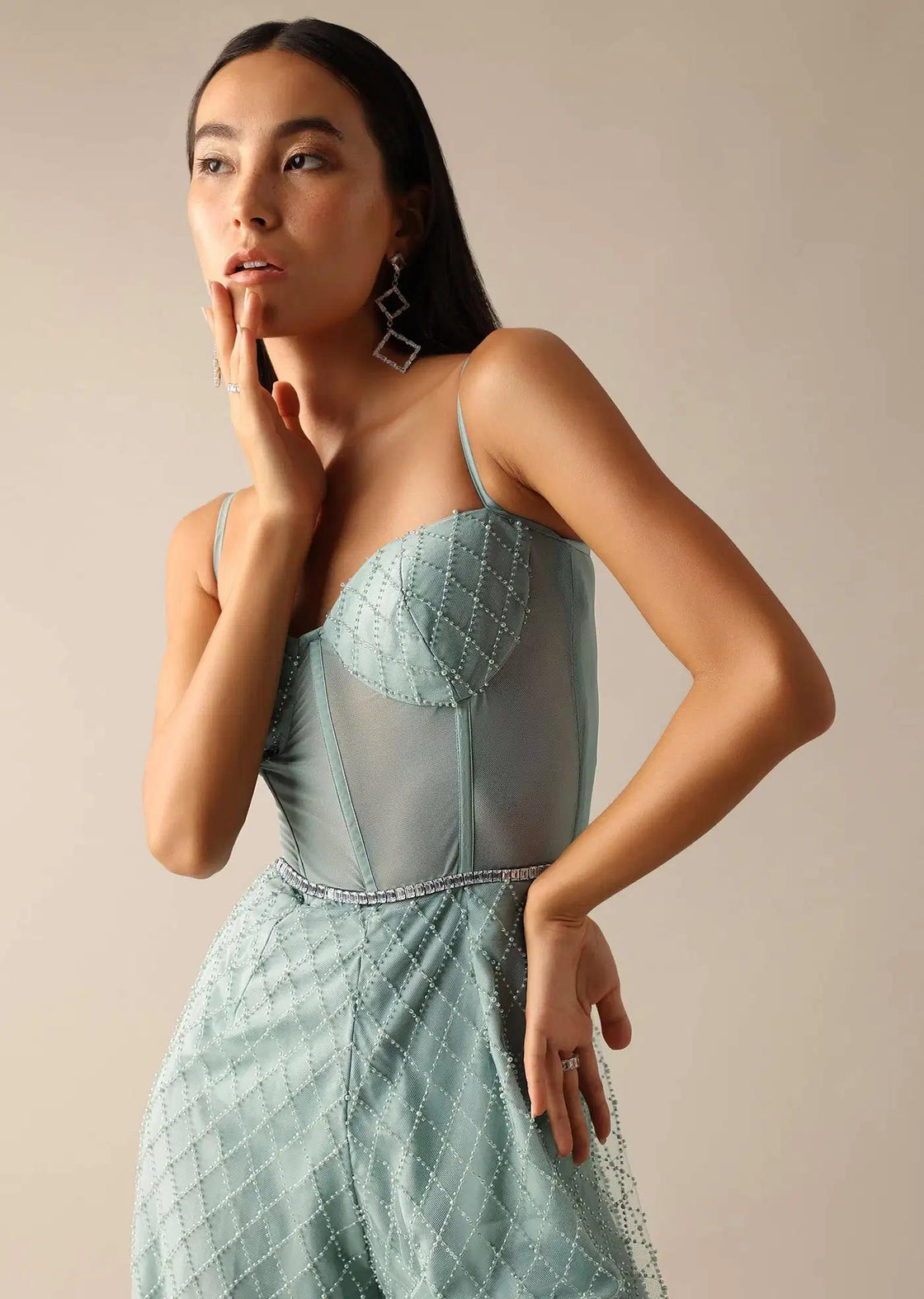 Sequin Embellished Corset Jumpsuit In Blue Tone