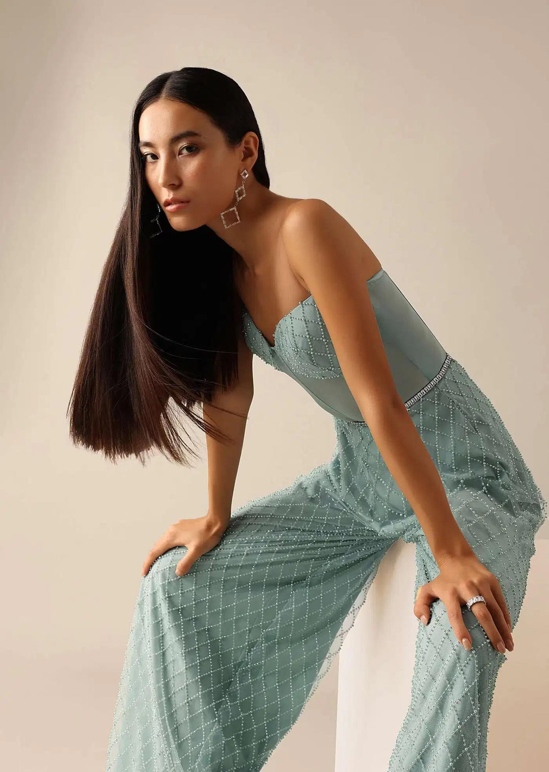 Sequin Embellished Corset Jumpsuit In Blue Tone