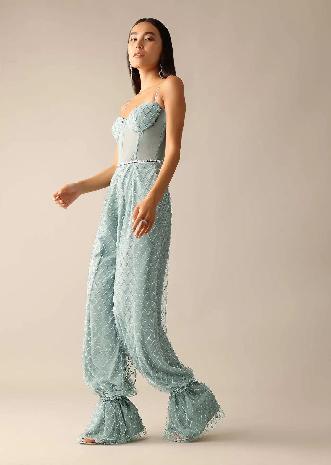 Sequin Embellished Corset Jumpsuit In Blue Tone