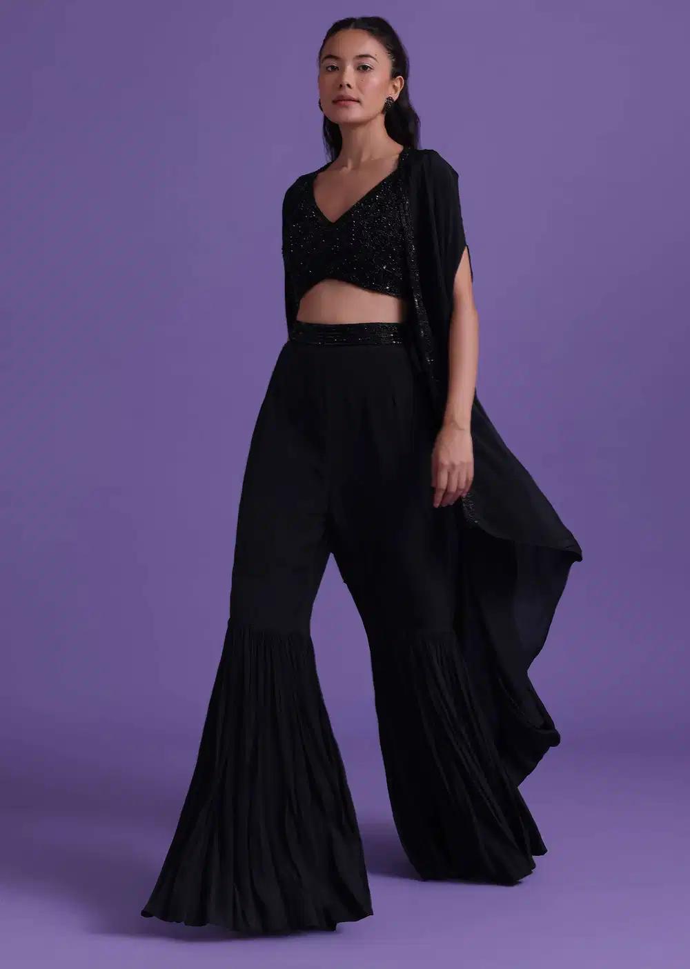 Sharara And Blouse With Cut Dana Embroidery And Satin Shrug