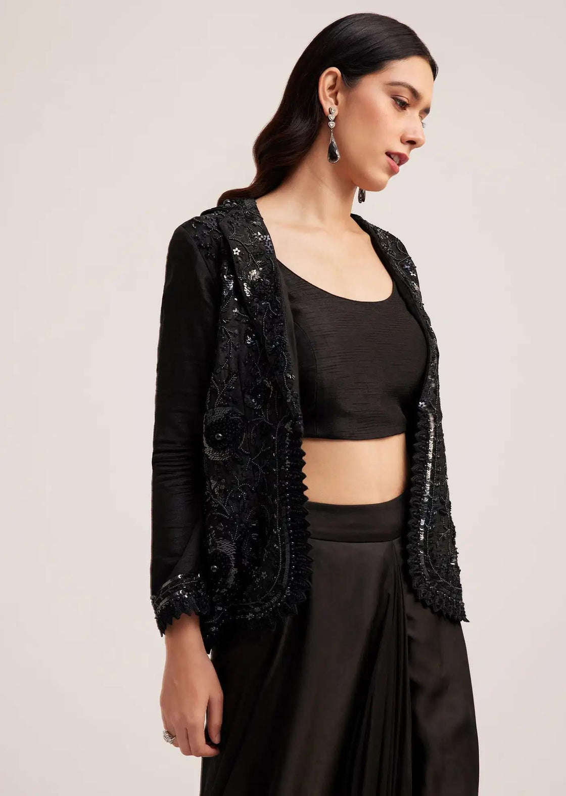 Skirt And Jacket Set With Embellished Crop Top In Black
