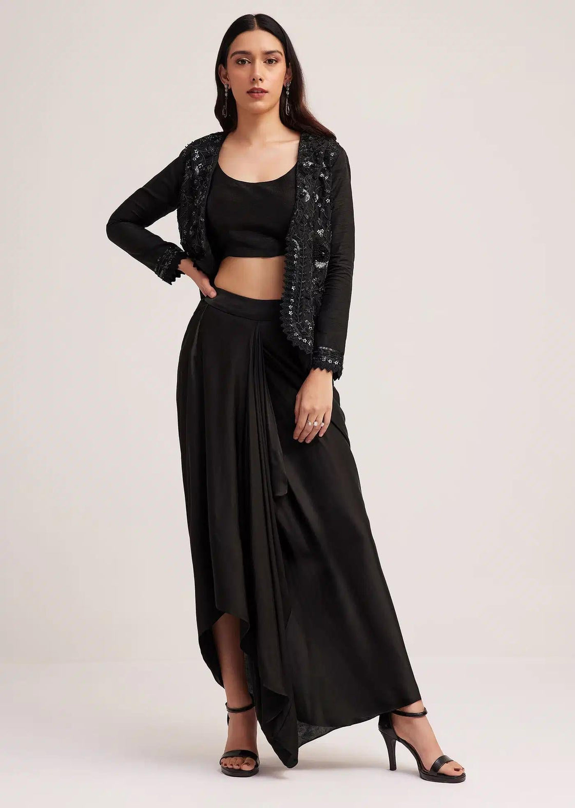 Skirt And Jacket Set With Embellished Crop Top In Black