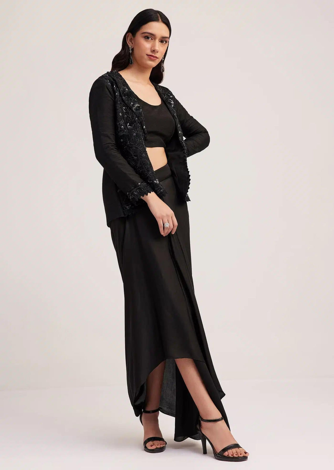 Skirt And Jacket Set With Embellished Crop Top In Black