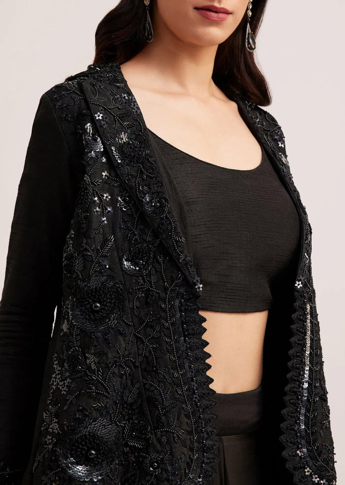 Skirt And Jacket Set With Embellished Crop Top In Black